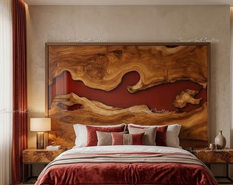 Cabecero de río de madera de olivo con borde natural hecho a mano y resina epoxi, decoración rústica de lujo en resina roja.
