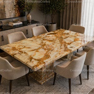 Mesa de comedor de lujo de ónix miel – Mesa rectangular de piedra natural, mesa de cocina rectangular con pedestal de ónix dorado y tablero de piedra pulida.