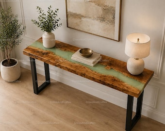 Green Epoxy River Console Table – Live Edge Wood Sofa Table – Handmade Rustic Modern Entryway Table Handmade Epoxy River Console Table – top