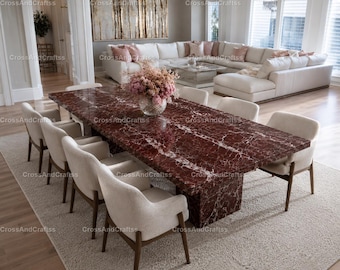 Mesa de comedor ovalada de mármol Rosso Levanto / Muebles de comedor de piedra natural color rojo burdeos