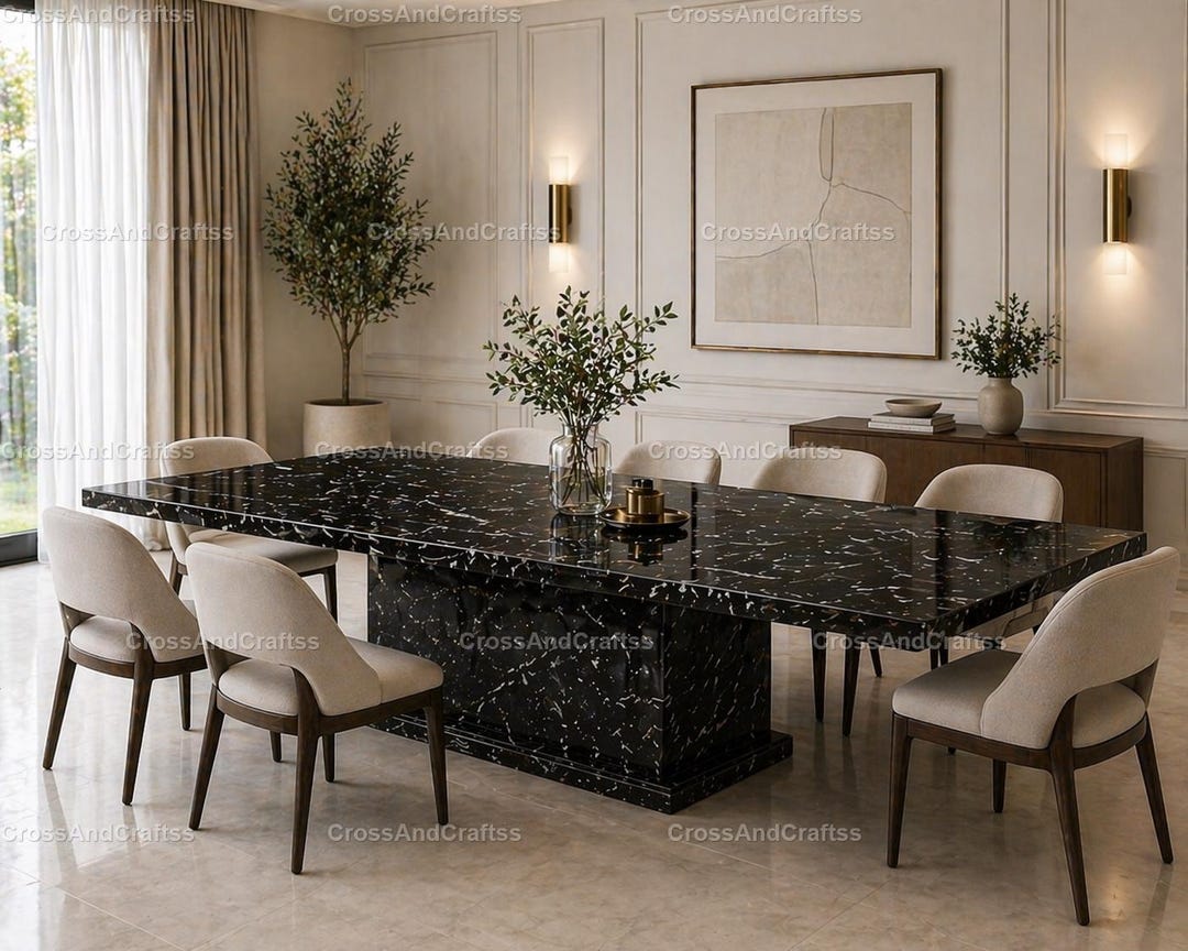 Luxury Black Spider Marble Dining Table, Rectangular Stone Table With ...