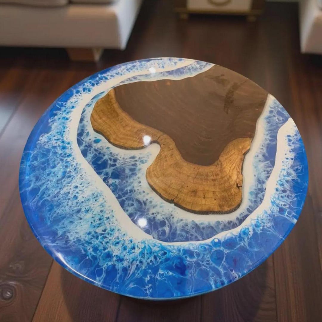 Round Blue Epoxy Ocean Wave Table | Live Edge Resin Wood Coffee Table ...