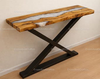 Handmade Olive Wood Console Table with White Pearl Epoxy Resin | Live Edge Entryway Table | White Pearl Epoxy River Table | Console Table |