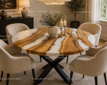 Round Olive Wood Epoxy Dining Table, White Resin River, Luxury Handmade Live Edge, Modern Coastal Home Decor