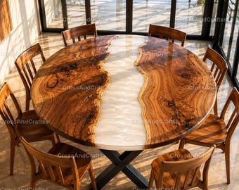 Handmade Round Epoxy River Dining Table Top – Live Edge Walnut Wood & Pearl White Resin Table Luxury Pearl White Epoxy Dining Table – table