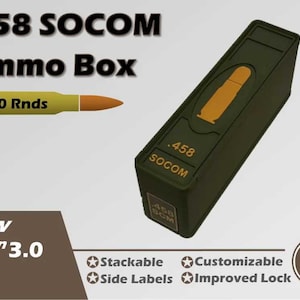 May include: An olive green .458 SOCOM Ammo Box with a gold bullet graphic and the text ".458 SOCOM Ammo Box". The box is labeled "20 Rnds" and "New Gen 3.0". Features include stackable, customizable, side labels, and an improved lock.