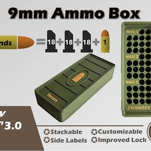 May include: An olive green 9mm ammo box with the text "9mm Ammo Box" and "55 Rnds". The image also shows a magazine holder and a breakdown of the ammo capacity. Features include stackable, customizable, side labels, and an improved lock.