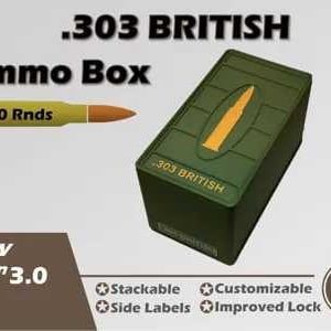 May include: A green .303 British Ammo Box with a yellow bullet graphic. The box is labelled ".303 BRITISH Ammo Box" and holds 50 rounds. Features include stackable design, side labels, and an improved lock. The text "New Gen 3.0" is also visible.