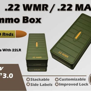 May include: Green .22 WMR/.22 MAG ammo box with the text "Ammo Box" and "250 Rnds". The box is labeled with "Stacks With 22LR" and "New Gen 3.0". Features include stackable, customizable, side labels, and improved lock.