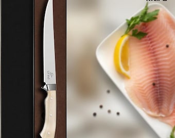 Father's Day Gift for Dad, 8 Inch Fillet Boning Knife,Camel Bone Handle, Handcrafted Fishing & Kitchen Tool, Gift for Him with Luxury Box
