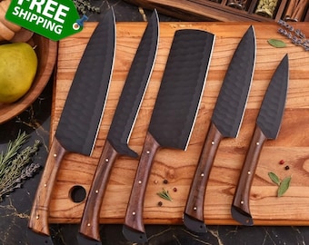 Hand-Forged High Carbon Steel Chef Knife Set, 5-Piece Black Coated Blades Wooden Handle Kitchen