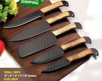 Hand-Forged High Carbon Steel Chef Knife Set, 5-Piece Damascus Style Kitchen Cutlery, Wooden Grip