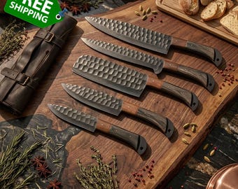5-Piece Hand-Forged Chef Knife Set: High Carbon Steel, Damascus Pattern, Wooden Handle Kitchen Cutlery with Roll Kit