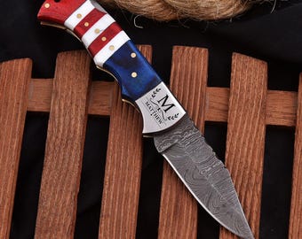 Handmade Damascus Pocket Knife, Custom Engraved Collector Knife, Personalized Folding Knife, Premium EDC Gift, Leather Sheath Included