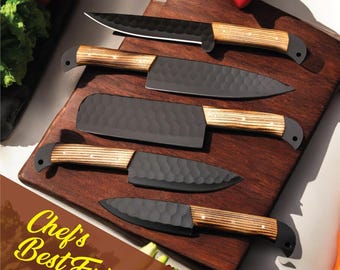 Birthday Gift for Him, Hand Forged Chef Knife Set, 5 Piece Cooking Collection, Kitchen Essential with Leather Roll Kit