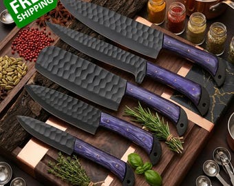 5-Piece Forged Chef Knife Set: Black Hammered Blades, Purple Wood Handle, Professional Kitchen Cutlery
