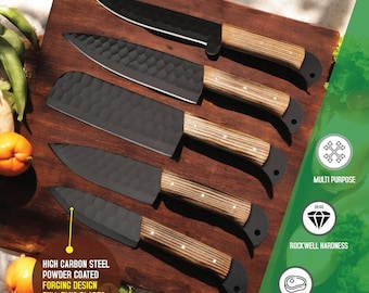 Anniversary Gift for Husband, Hand Forged Knife Collection, 5 Piece Kitchen Set for Cooking Enthusiasts with Leather Roll Kit