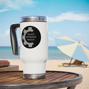 Travel tumbler Gear Grinder Media logo Travel Mug | 14oz Stainless Steel