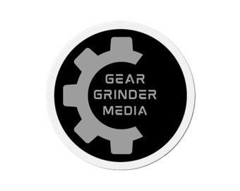 Gear Grinder Media Logo Magnet | Die-Cut Vinyl Emblem, Industrial Styles