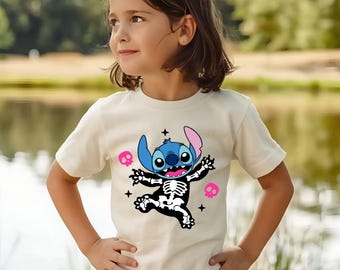 Halloween Youth Shirt, Stitch Halloween Skeleton T-Shirt, Stitch Skeleton Shirt, Disney Halloween Kids Tee, Spooky Season Tee