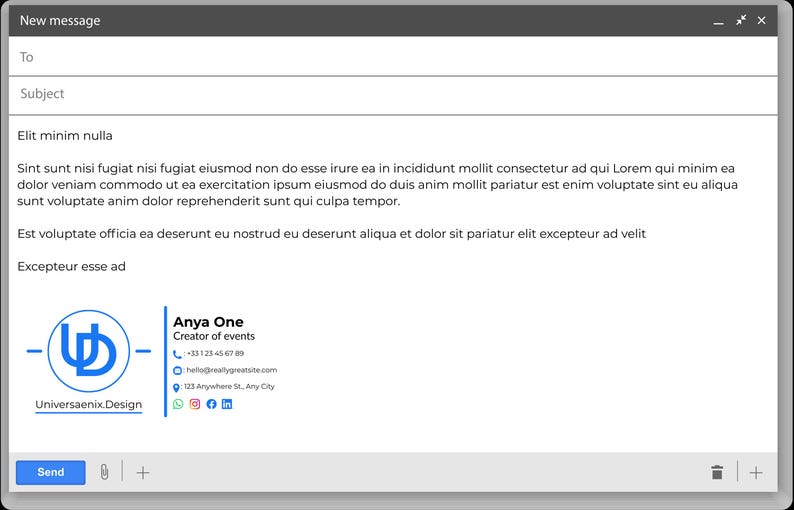 May include: Screenshot of an email draft with a signature. The signature includes a blue and white logo, the name "Anya One", and contact information. The email body contains placeholder text.