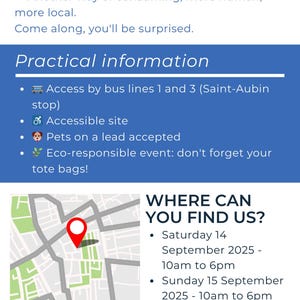 May include: Blue promotional poster for a local designer market. Includes a map with a location pin, event details, and contact information. The event is on September 14-15, 2025, from 10 am to 6 pm.