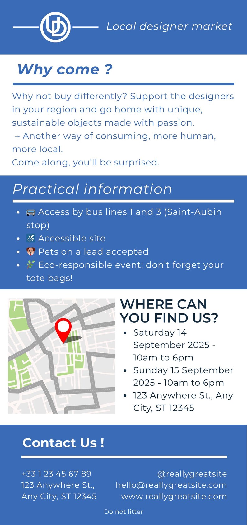 May include: Blue promotional poster for a local designer market. Includes a map with a location pin, event details, and contact information. The event is on September 14-15, 2025, from 10 am to 6 pm.