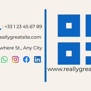 May include: Cream-colored business card with blue accents. The card features contact information, including a phone number, email, and address. Social media icons for WhatsApp, Instagram, Facebook, and LinkedIn are also present. A blue QR code and the website address are on the right.