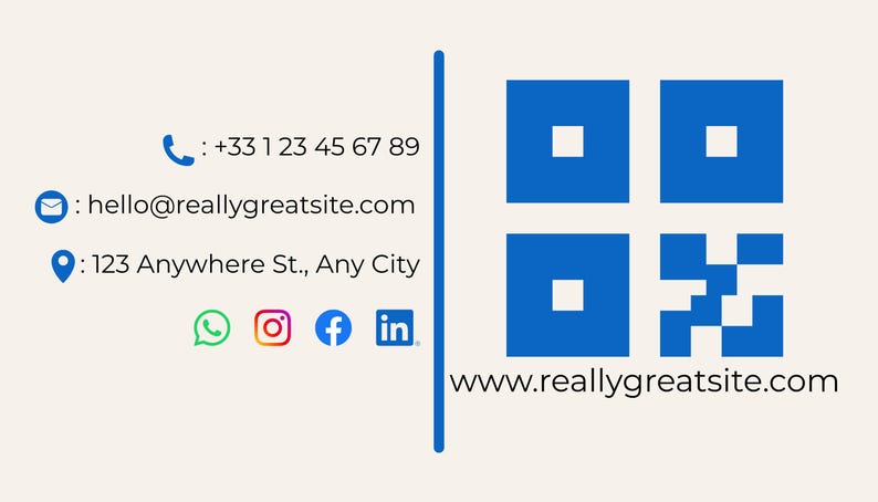 May include: Cream-colored business card with blue accents. The card features contact information, including a phone number, email, and address. Social media icons for WhatsApp, Instagram, Facebook, and LinkedIn are also present. A blue QR code and the website address are on the right.