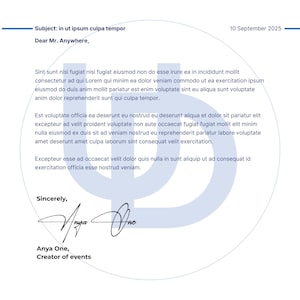 May include: Letterhead design with a blue and white color scheme. The top left corner features a stylized logo. The text includes the company name, address, date, subject line, and a signature.