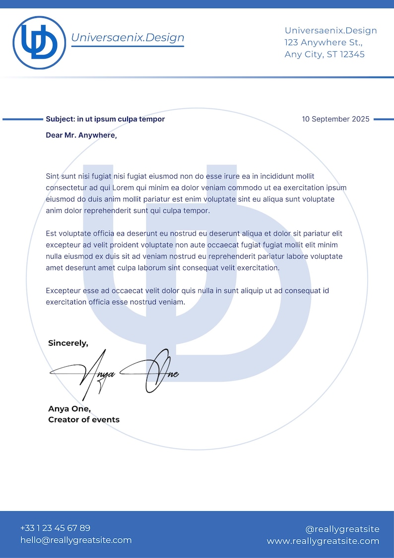 May include: Letterhead design with a blue and white color scheme. The top left corner features a stylized logo. The text includes the company name, address, date, subject line, and a signature.