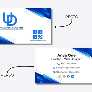 Op de afbeelding: Visitekaartontwerp met een witte achtergrond en blauwe geometrische accenten. De voorkant toont een logo en de tekst "Universaenix.Design". De achterkant bevat contactgegevens voor Anya One, Graphic & Web Designer.