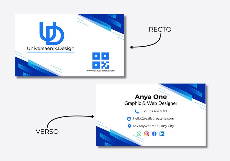 Op de afbeelding: Visitekaartontwerp met een witte achtergrond en blauwe geometrische accenten. De voorkant toont een logo en de tekst "Universaenix.Design". De achterkant bevat contactgegevens voor Anya One, Graphic & Web Designer.