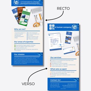 Op de afbeelding: Advertentie voor grafisch ontwerp. De voorkant heeft een blauw en wit ontwerp met een logo, de achterkant toont diensten en contactgegevens. De afbeelding bevat voorbeelden van visitekaartjes en flyers.