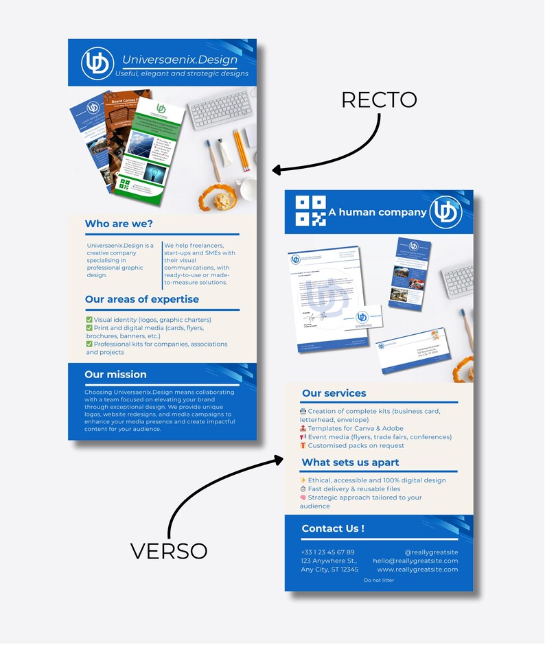 Op de afbeelding: Advertentie voor grafisch ontwerp. De voorkant heeft een blauw en wit ontwerp met een logo, de achterkant toont diensten en contactgegevens. De afbeelding bevat voorbeelden van visitekaartjes en flyers.