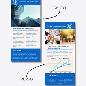 May include: A blue and white business flyer with the Universaenix Design logo. The recto side features text about financial growth and history. The verso side includes a graph and contact information.
