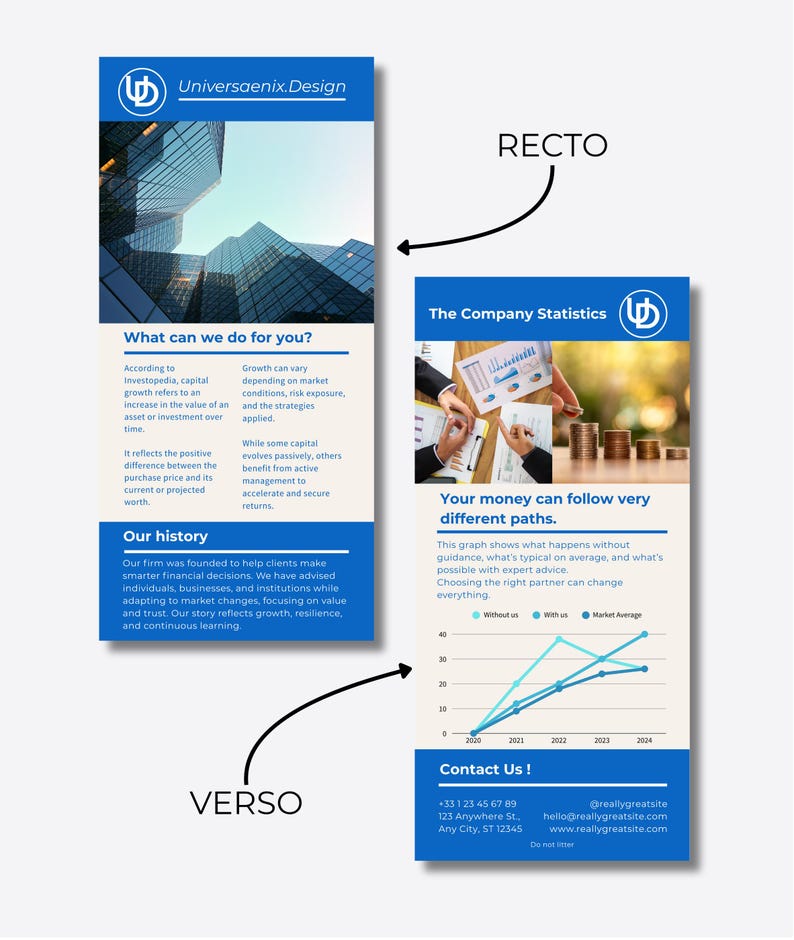 May include: A blue and white business flyer with the Universaenix Design logo. The recto side features text about financial growth and history. The verso side includes a graph and contact information.