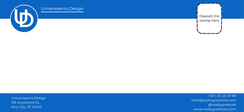 May include: A white envelope with blue accents. The top and bottom of the envelope are blue, with the text "Universaenix.Design" at the top and bottom. A circular logo is on the left, and a stamp area is on the right.