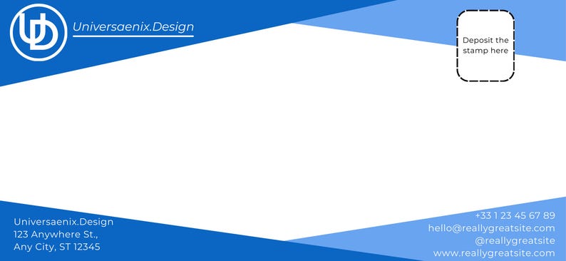 Op de afbeelding: Een blauw en wit ansichtkaartontwerp met de tekst "Universaenix.Design" en een logo in de linkerbovenhoek. De ansichtkaart bevat een postzegelgebied en contactgegevens onderaan, inclusief een website en telefoonnummer.