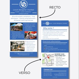 May include: A blue and white flyer promoting a local designer market. The flyer includes information about the market's crafts, exhibitors, and location. The flyer also features images of the market and its products.