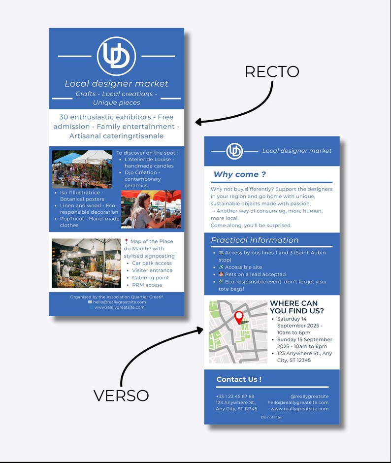 May include: A blue and white flyer promoting a local designer market. The flyer includes information about the market's crafts, exhibitors, and location. The flyer also features images of the market and its products.