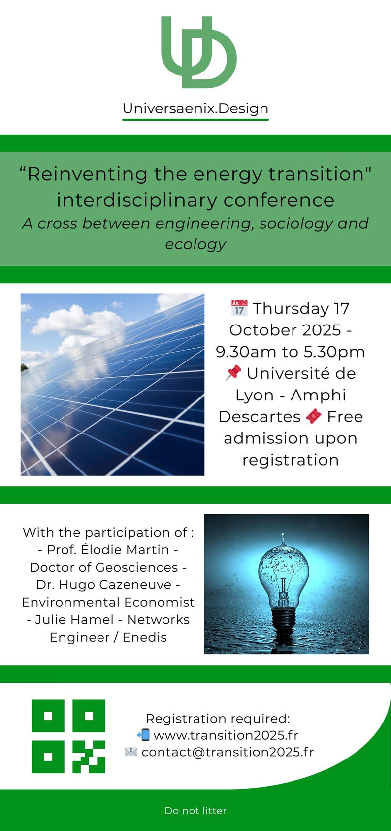 May include: A promotional poster for an interdisciplinary conference on energy transition, featuring solar panels and a lightbulb. The event is on October 17, 2025, in Lyon, France. The poster includes the website address and contact information.