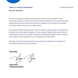 May include: A white letterhead with a blue header and footer. The header includes the company name and logo, while the footer contains contact information. The body of the letter contains text, a signature, and the name and title of the sender.