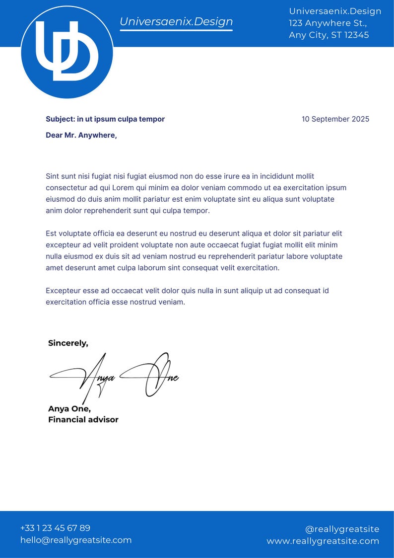 May include: A white letterhead with a blue header and footer. The header includes the company name and logo, while the footer contains contact information. The body of the letter contains text, a signature, and the name and title of the sender.