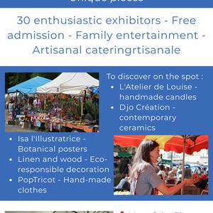May include: A blue promotional graphic for a local designer market. The text includes "Crafts - Local creations - Unique pieces" and lists exhibitors, free admission, and family entertainment. Images of market stalls and products are included.