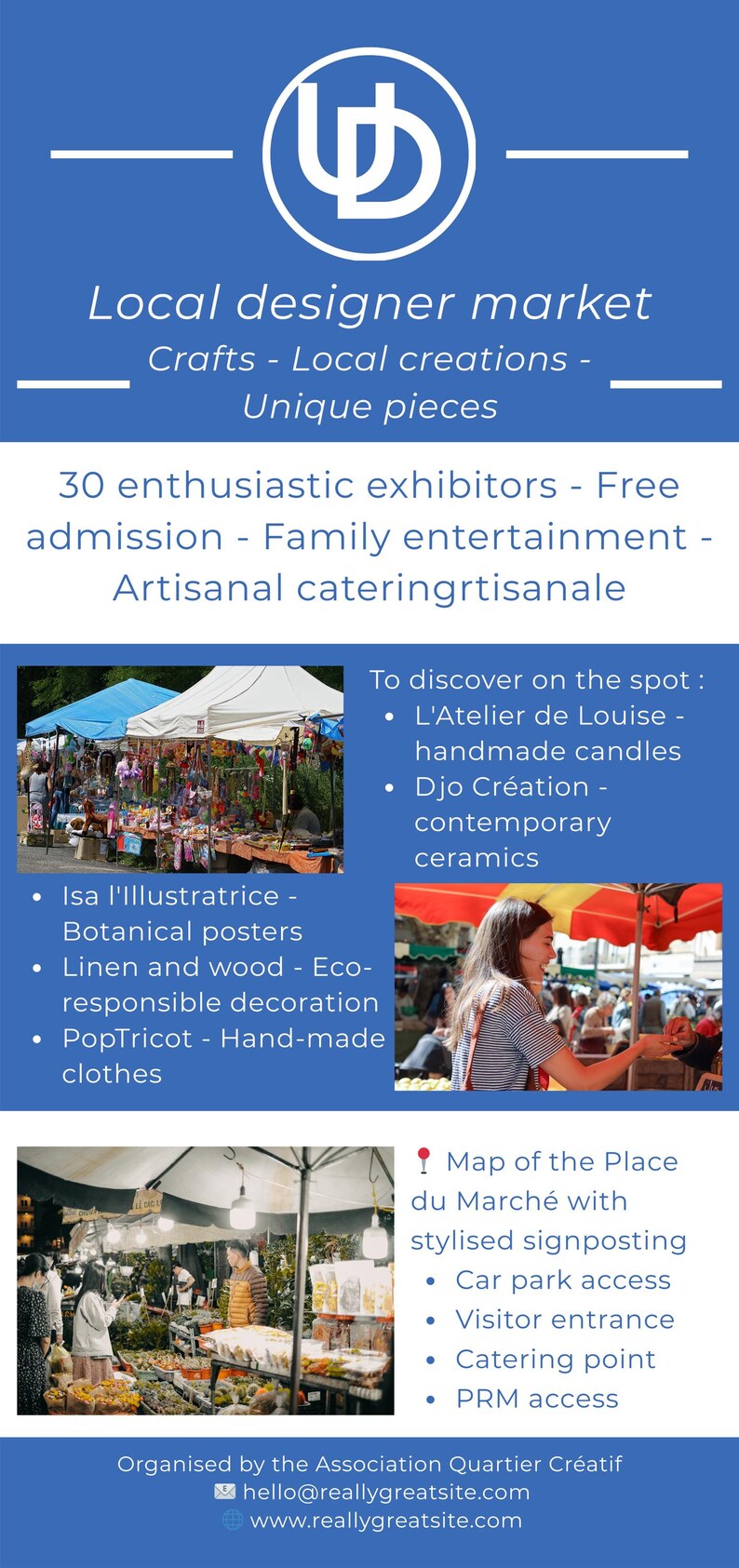 May include: A blue promotional graphic for a local designer market. The text includes "Crafts - Local creations - Unique pieces" and lists exhibitors, free admission, and family entertainment. Images of market stalls and products are included.