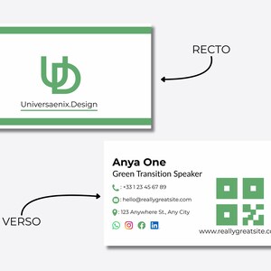 May include: Business card design with a green and white color scheme. The recto side features a logo and the text "Universaenix.Design". The verso side includes contact information for Anya One, a Green Transition Speaker.