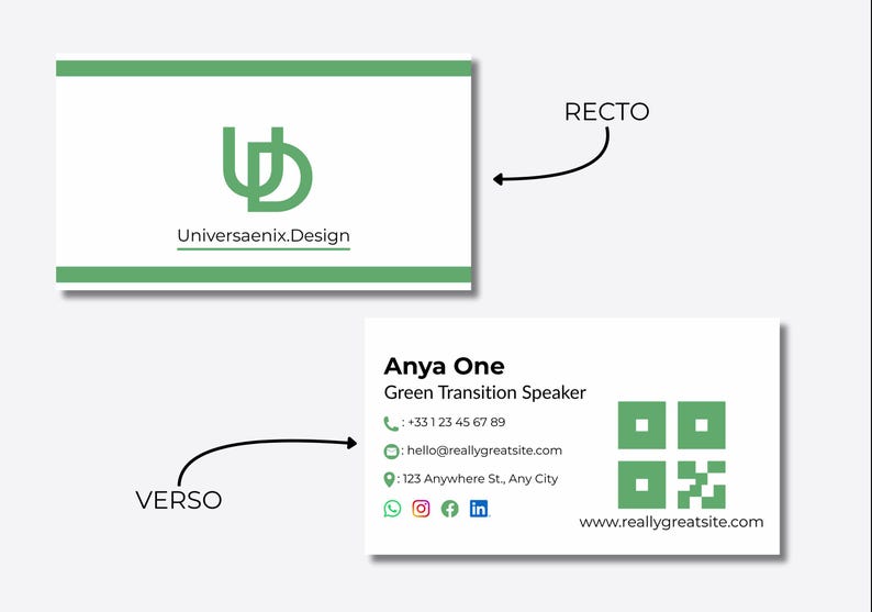 May include: Business card design with a green and white color scheme. The recto side features a logo and the text "Universaenix.Design". The verso side includes contact information for Anya One, a Green Transition Speaker.