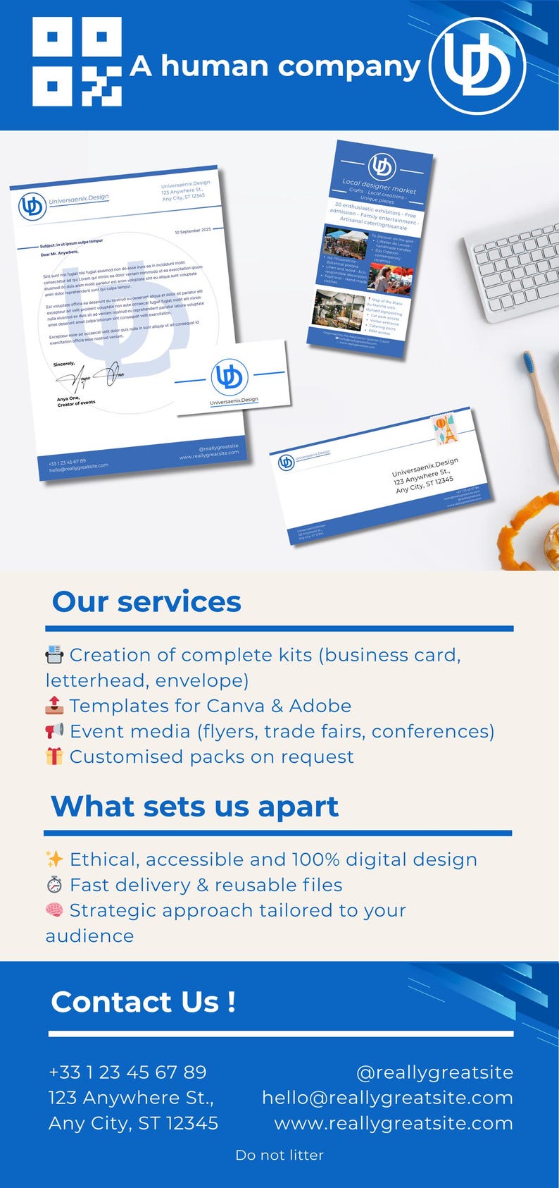 Op de afbeelding: Een blauw-witte promotionele afbeelding voor Universaenix Design, met een briefhoofd, visitekaartje en flyer. Het ontwerp bevat het bedrijfslogo en contactgegevens. Tekst bevat "Onze diensten" en "Neem contact met ons op!"