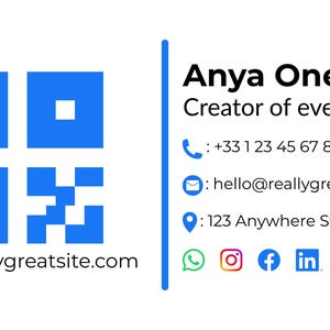 May include: A white background business card design with a blue QR code and contact information. The card includes the name "Anya One", the title "Creator of events", a phone number, email, and address, plus social media icons.